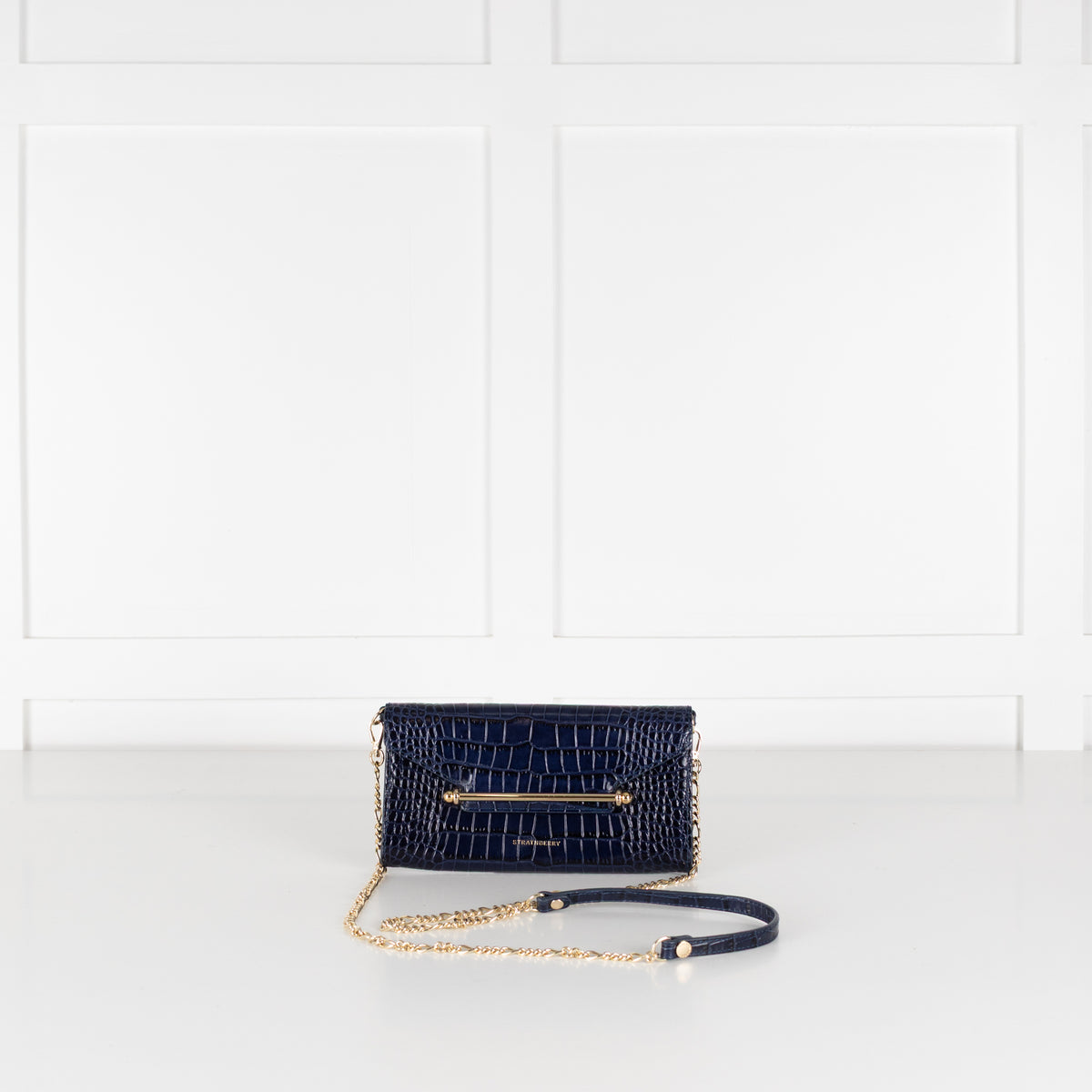 Strathberry Navy Blue Croc Multrees Crossbody Clutch