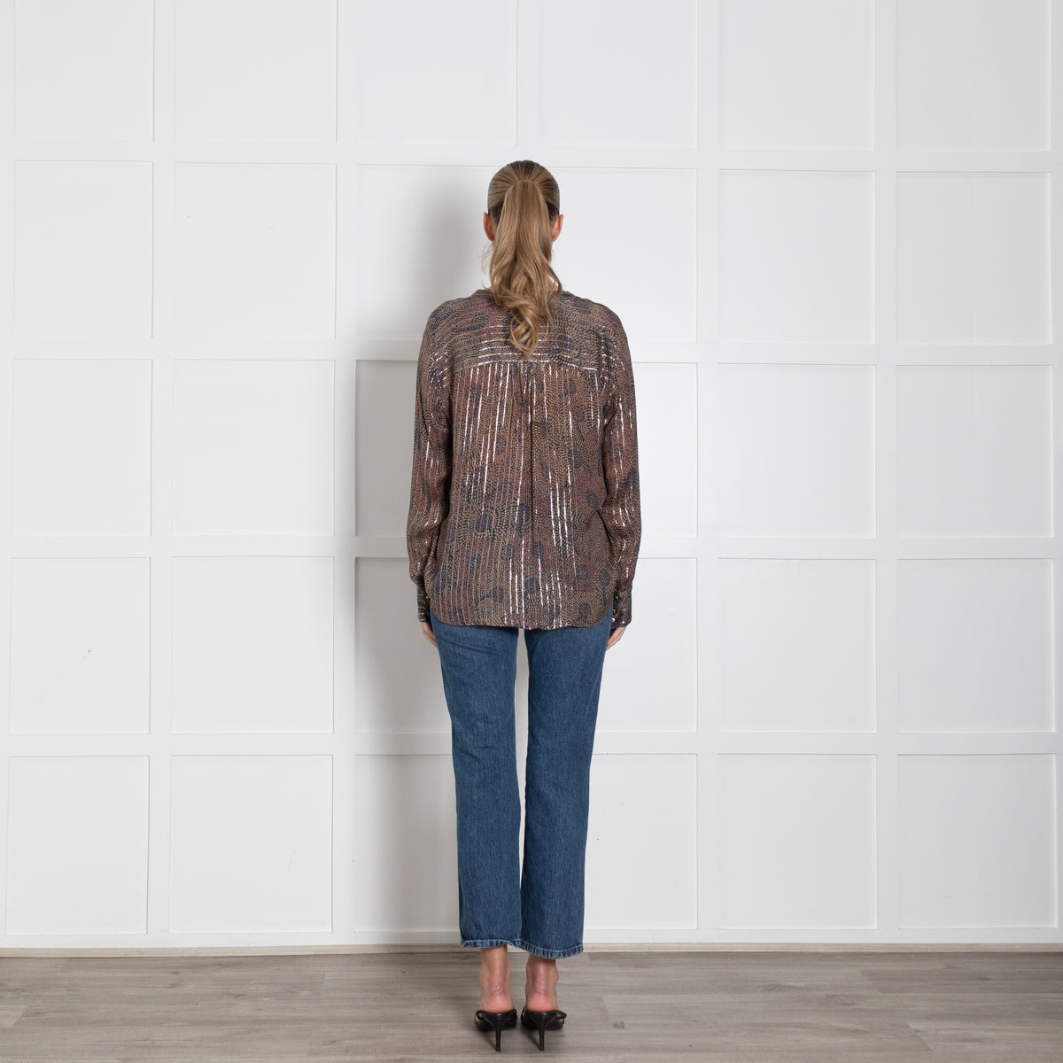 MOS MOSH Blue & Brown Patterned Frill Front Blouse With Silver Lurex Thread