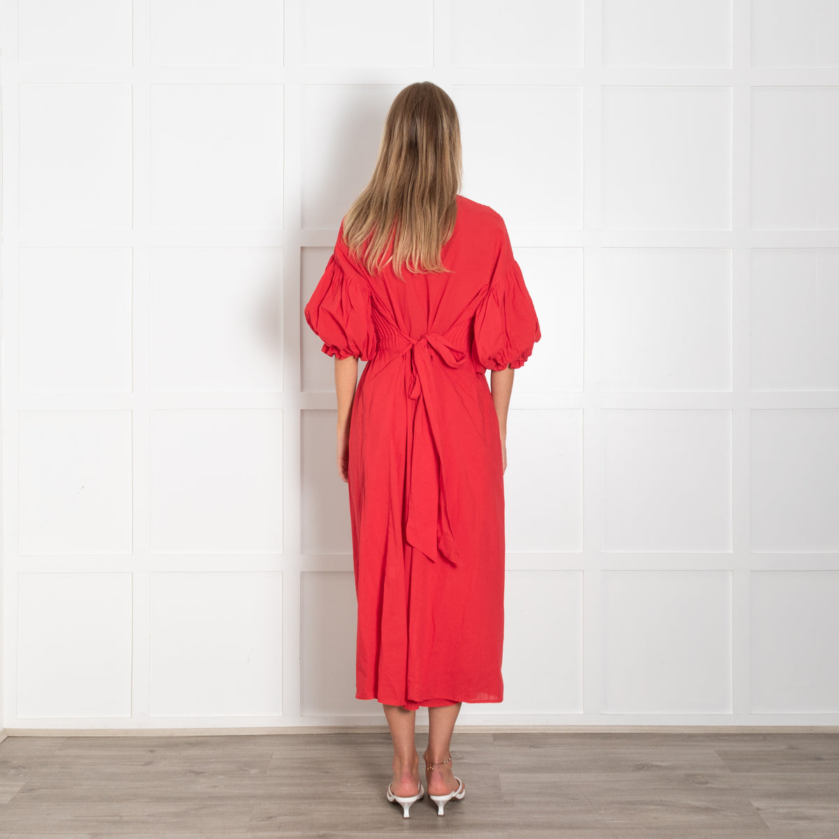 Marielle Red Pin Tuck Bodice Short Puff Sleeve Dress with Waist Tie