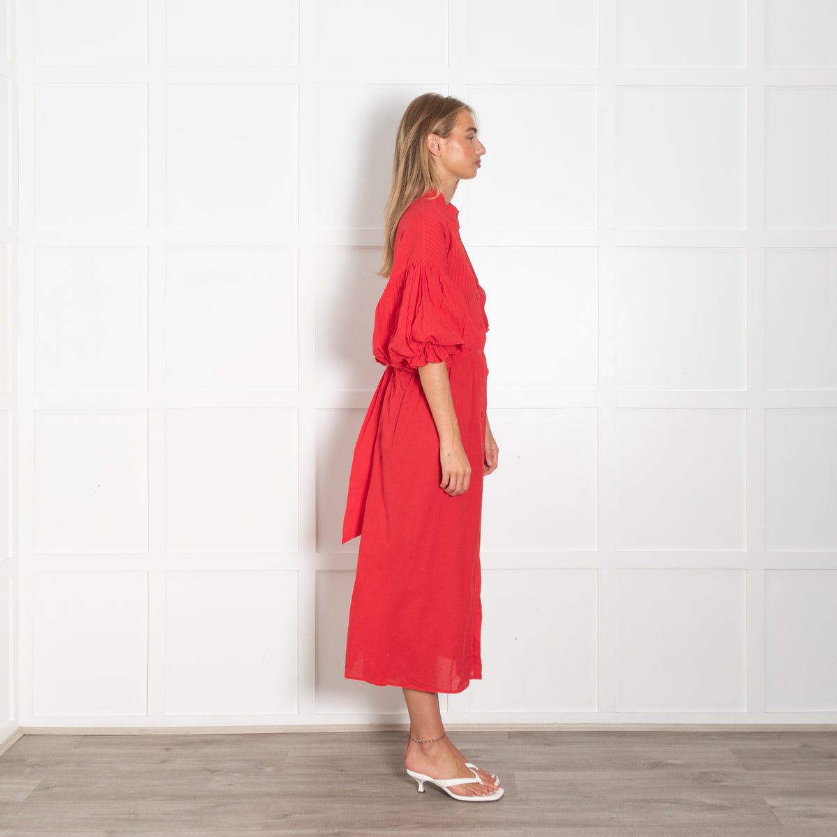 Marielle Red Pin Tuck Bodice Short Puff Sleeve Dress with Waist Tie