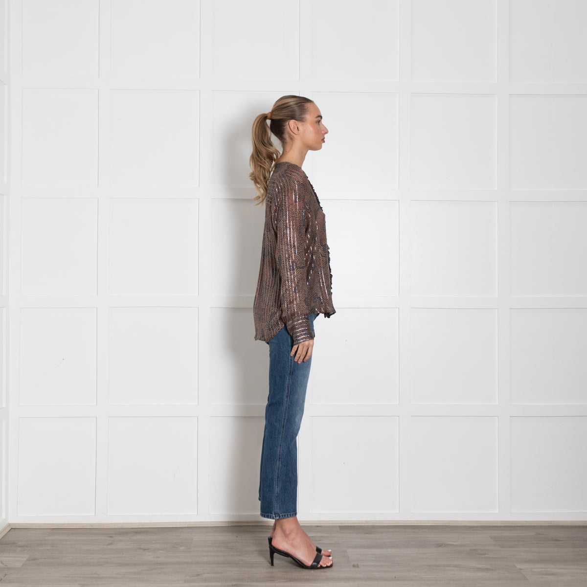 MOS MOSH Blue & Brown Patterned Frill Front Blouse With Silver Lurex Thread