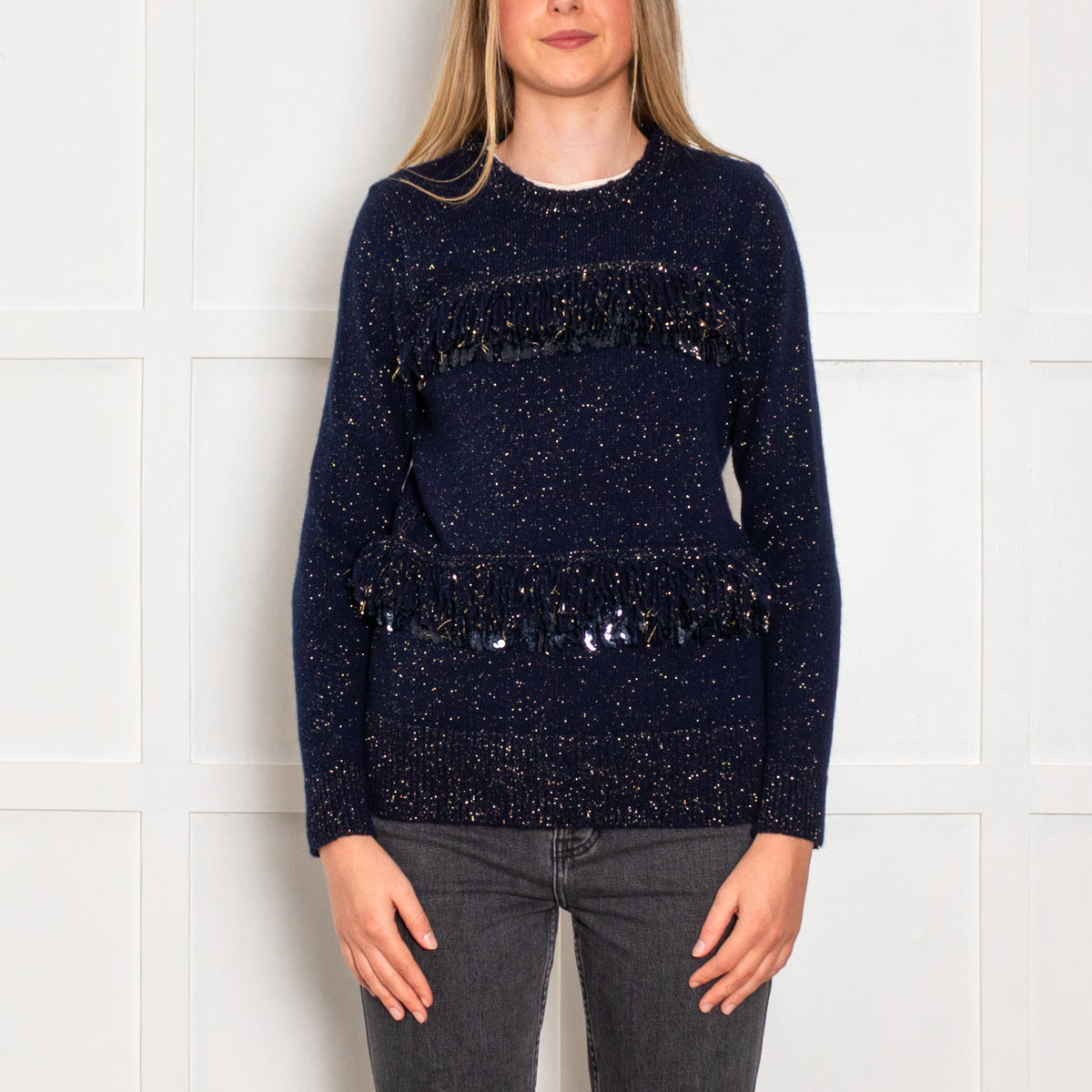 Thakoon Navy Blue Sparkle Fringe Jumper