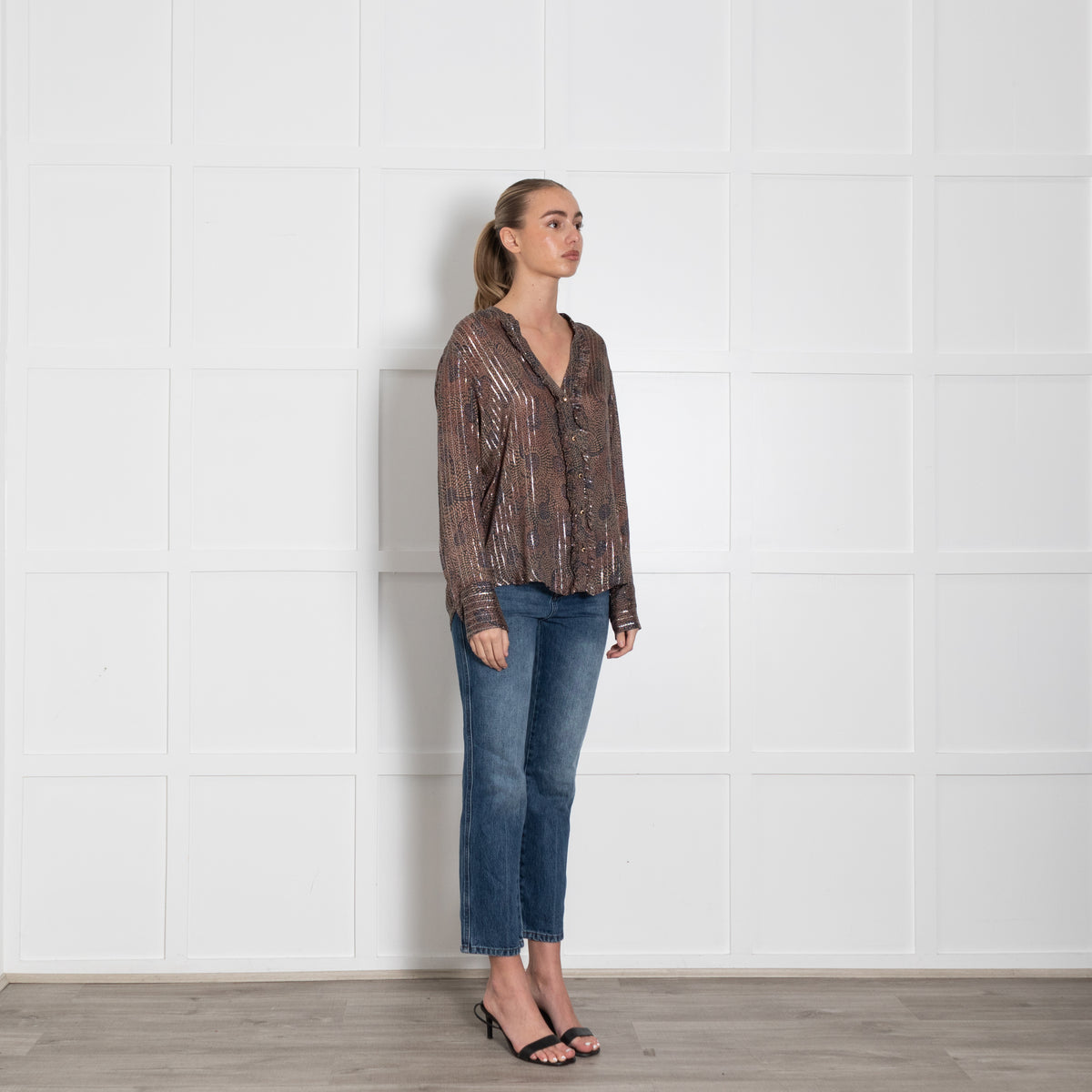 MOS MOSH Blue & Brown Patterned Frill Front Blouse With Silver Lurex Thread