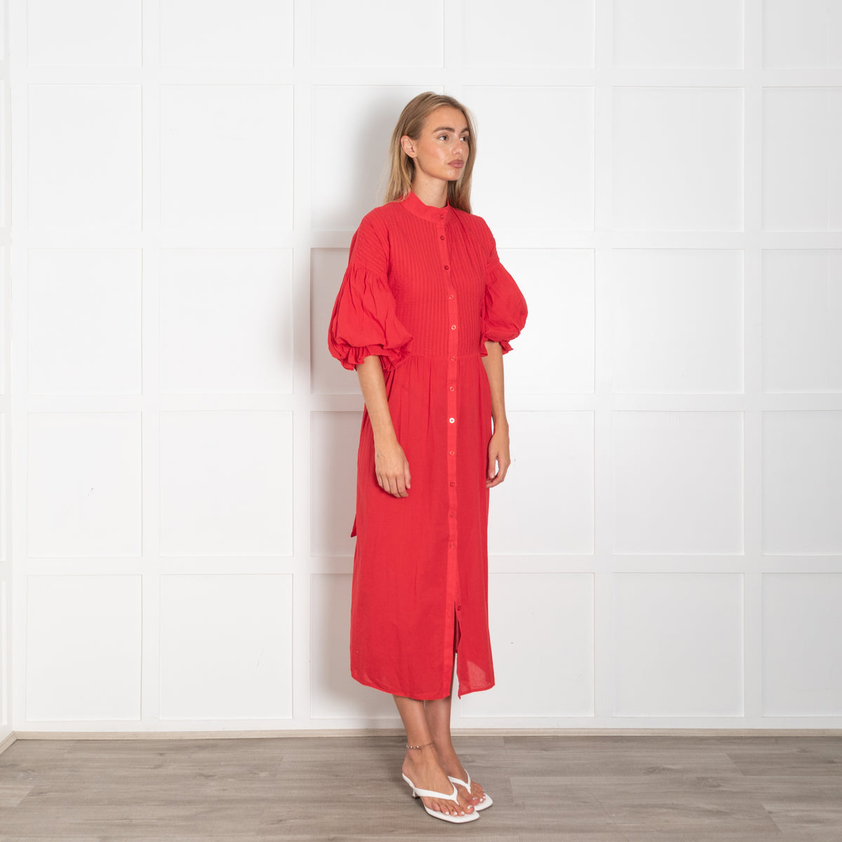 Marielle Red Pin Tuck Bodice Short Puff Sleeve Dress with Waist Tie