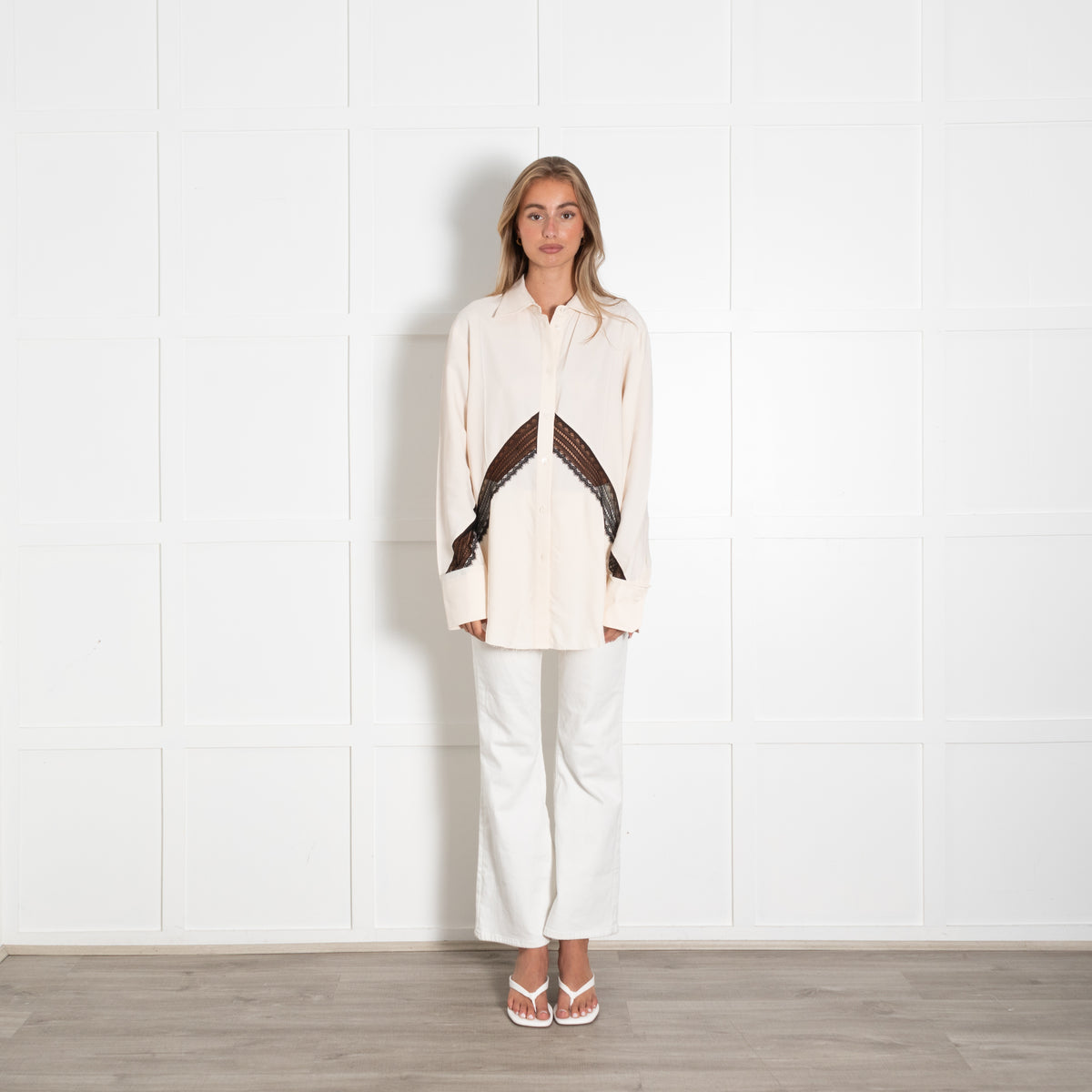 Helmut Lang Cream Viscose Blouse With Black Lace Detail
