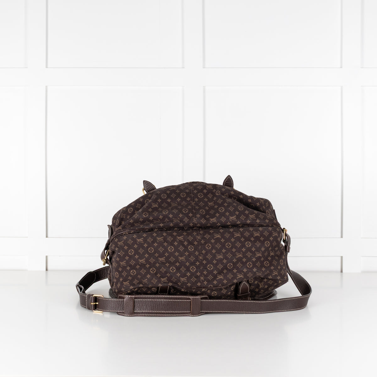 Bottom of preloved Louis Vuitton Brown Monogram Mini Lin Saumur XL Shoulder Bag with white background in phoenix style shop.