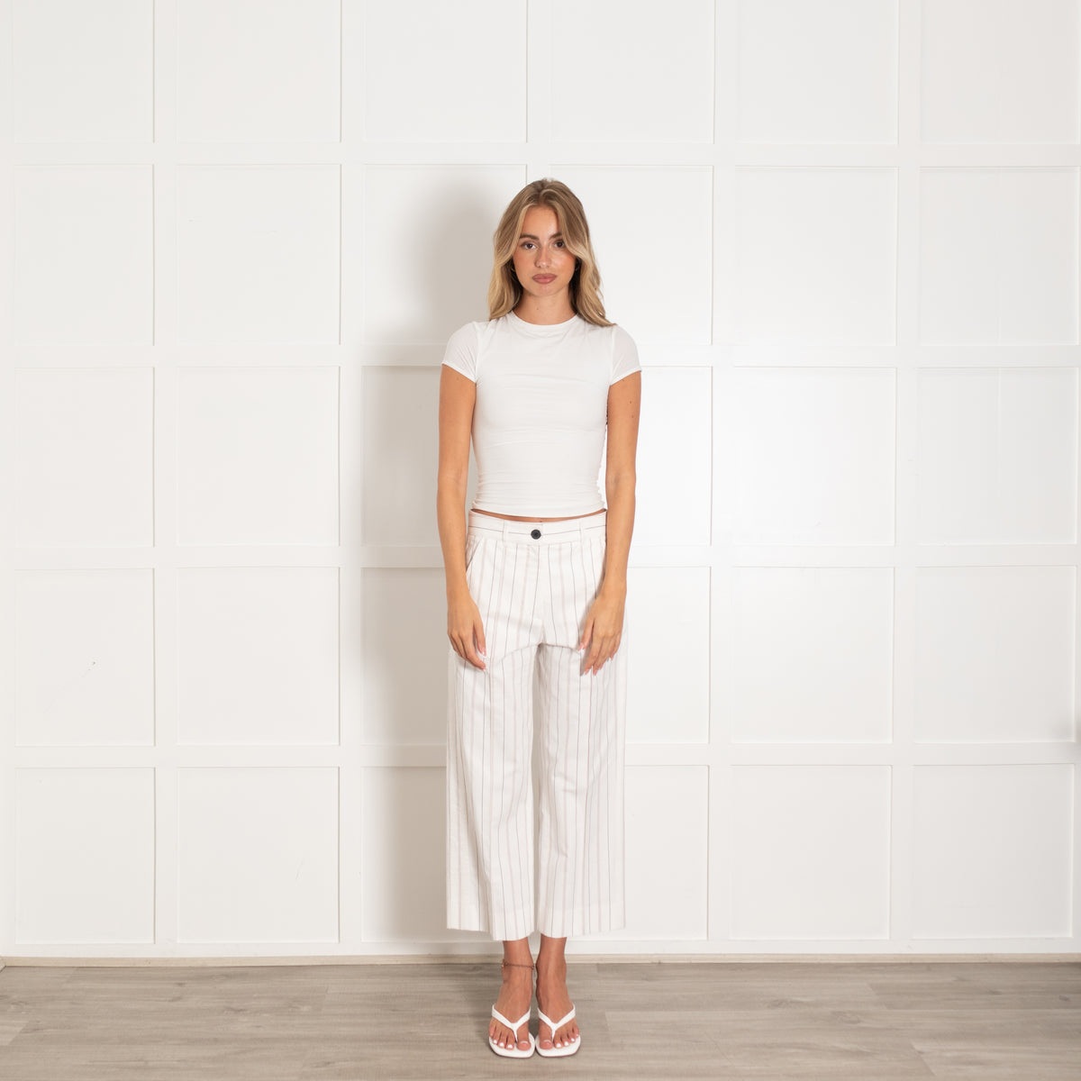 Me + Em White Brown Pinstripe Trousers