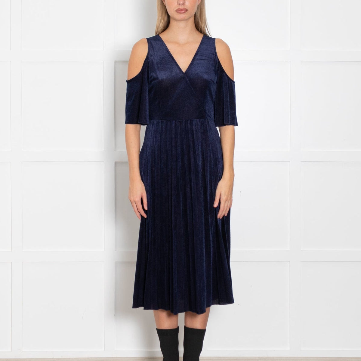 Maje Navy Shimmery Needle Cord Cut Out Shoulder Dress