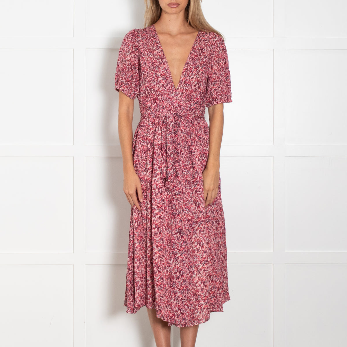Ba&Sh Red Pink Ditzy Floral Print Wrap Dress