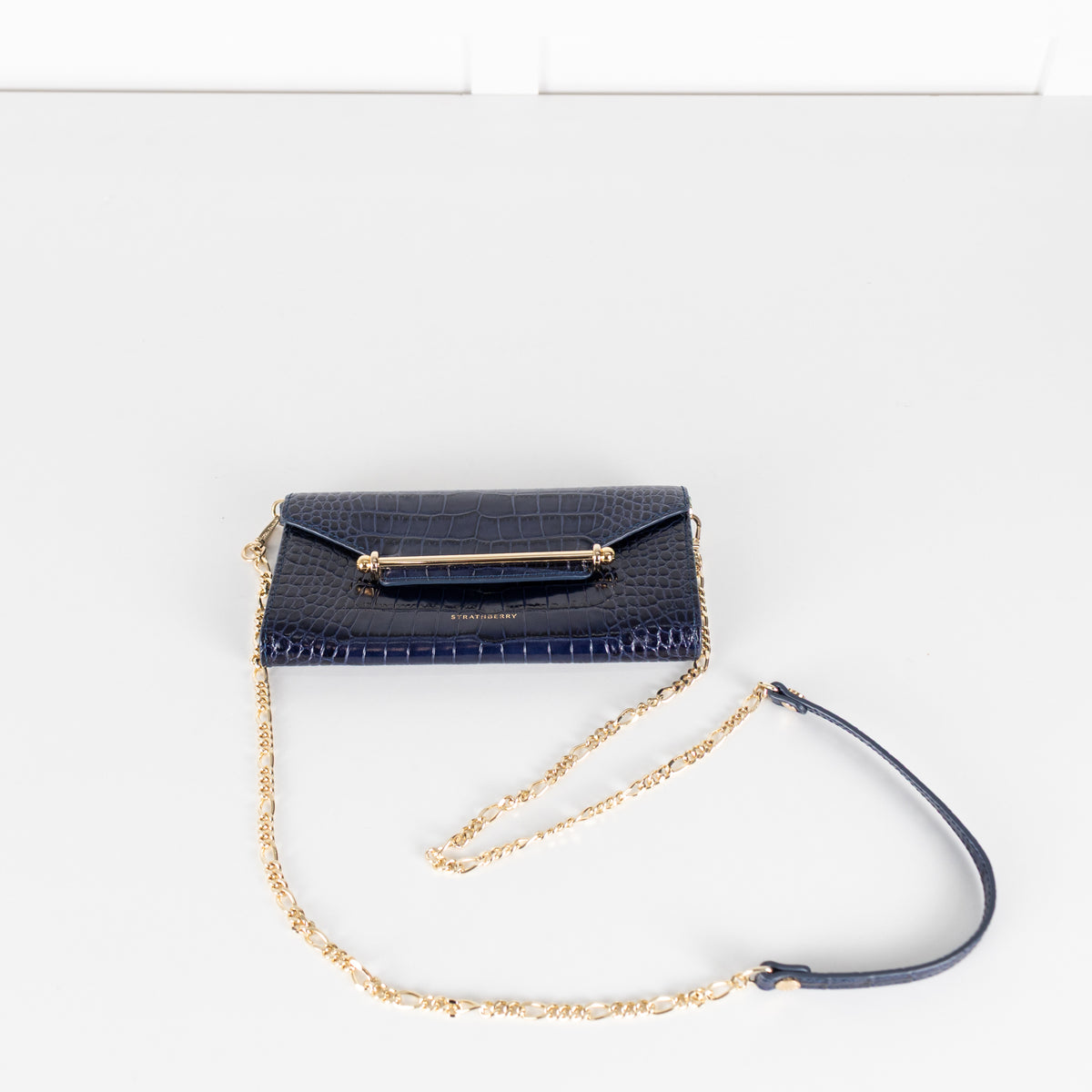 Strathberry Navy Blue Croc Multrees Crossbody Clutch