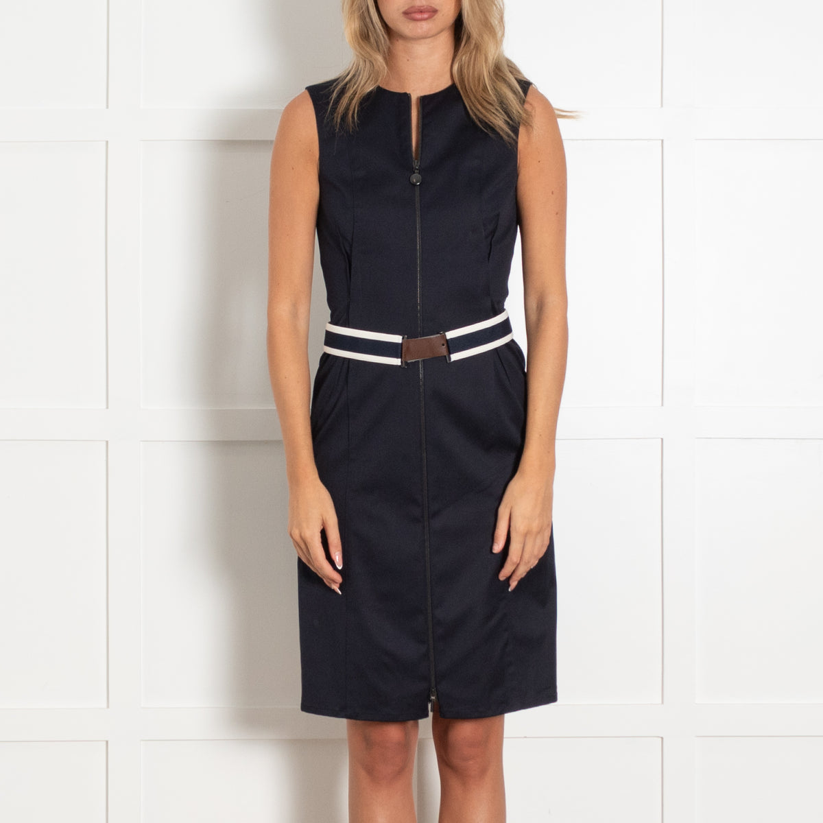 Akris Punto Navy Blue Sleeveless Belted Cotton Dress