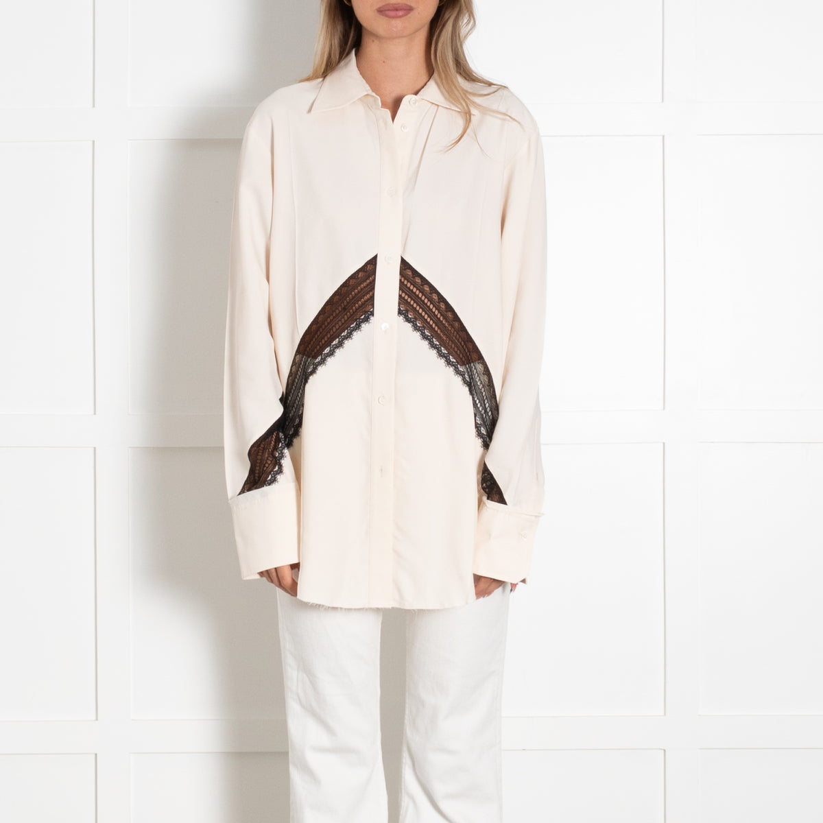 Helmut Lang Cream Viscose Blouse With Black Lace Detail