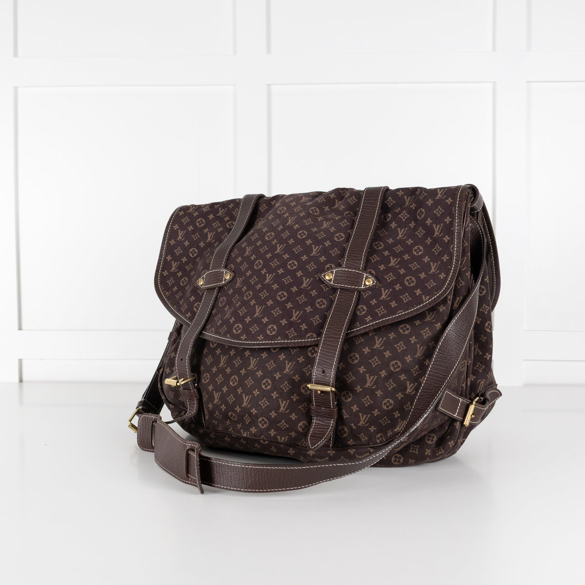Louis Vuitton Brown Monogram Mini Lin Saumur XL Shoulder Bag with gold accents. 