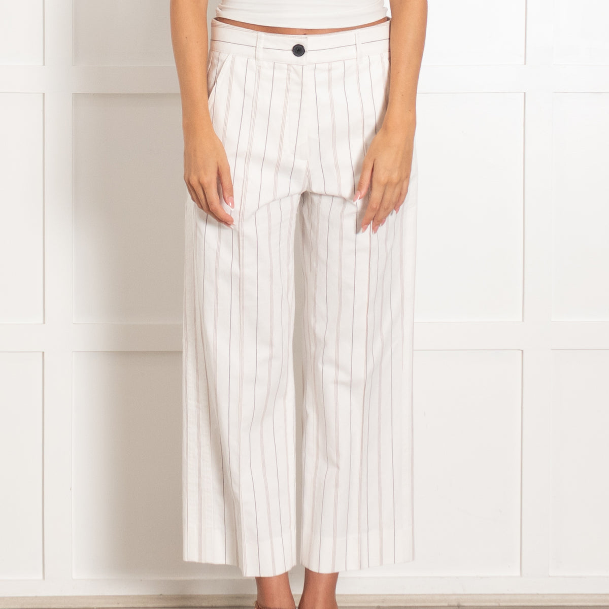 Me + Em White Brown Pinstripe Trousers