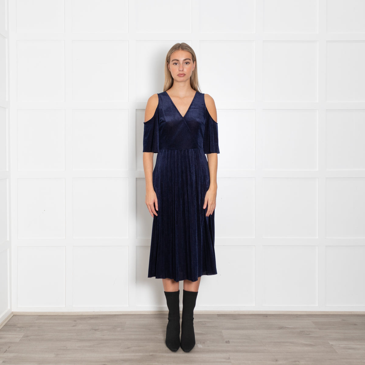 Maje Navy Shimmery Needle Cord Cut Out Shoulder Dress