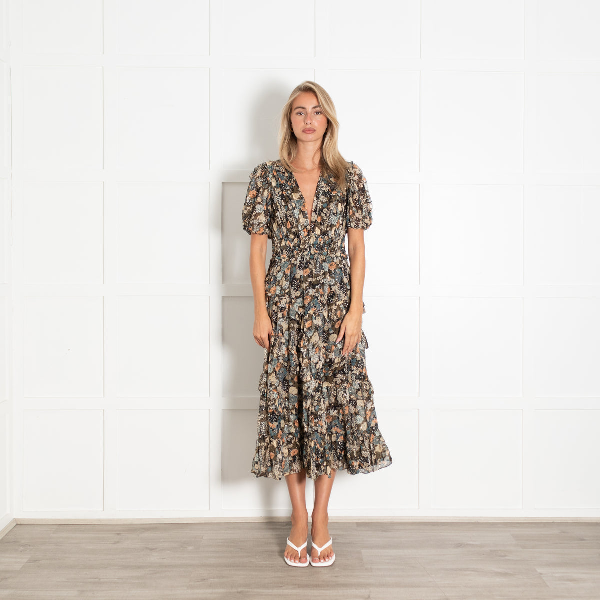 Ulla Johnson Black Beige Khaki Floral Gold Lurex Silk Blend Dress
