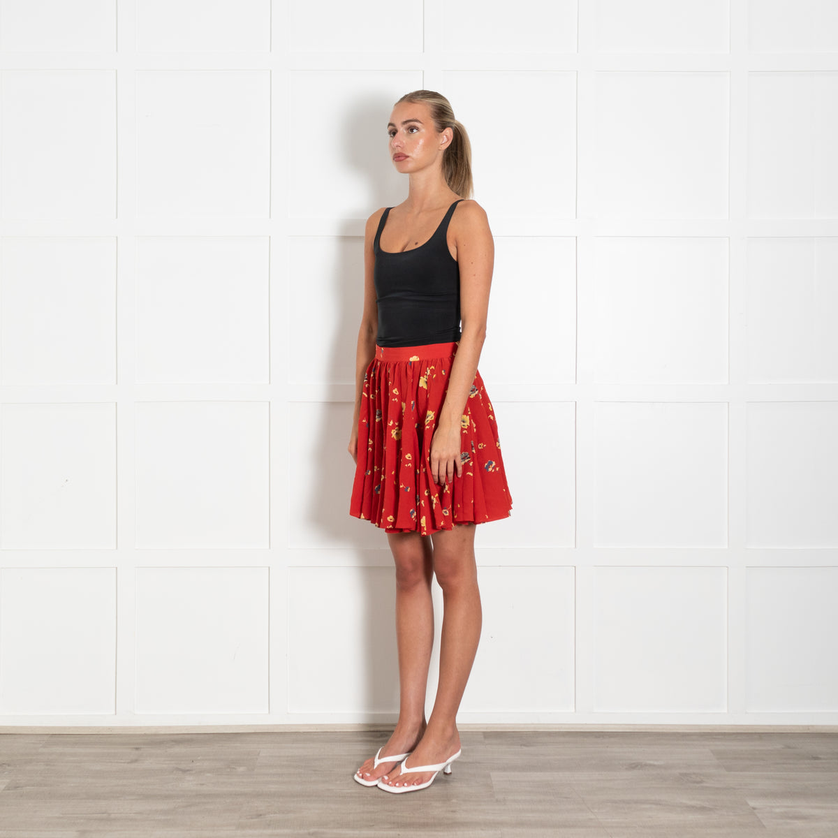 Rebecca Taylor Red Floral Pleated 100% Silk Mini Skirt