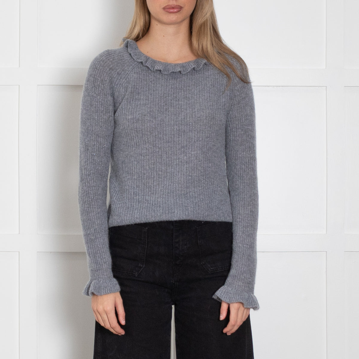 Wyse Grey Silver Lurex Cashmere Blend Frill Detail Jumper