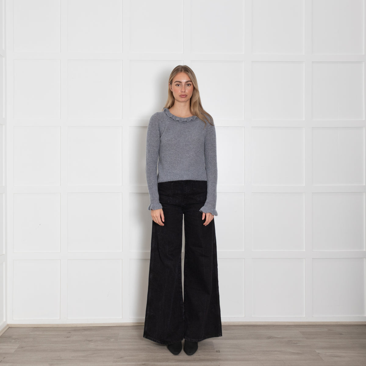 Wyse Grey Silver Lurex Cashmere Blend Frill Detail Jumper