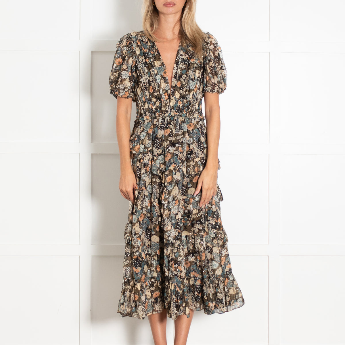 Ulla Johnson Black Beige Khaki Floral Gold Lurex Silk Blend Dress