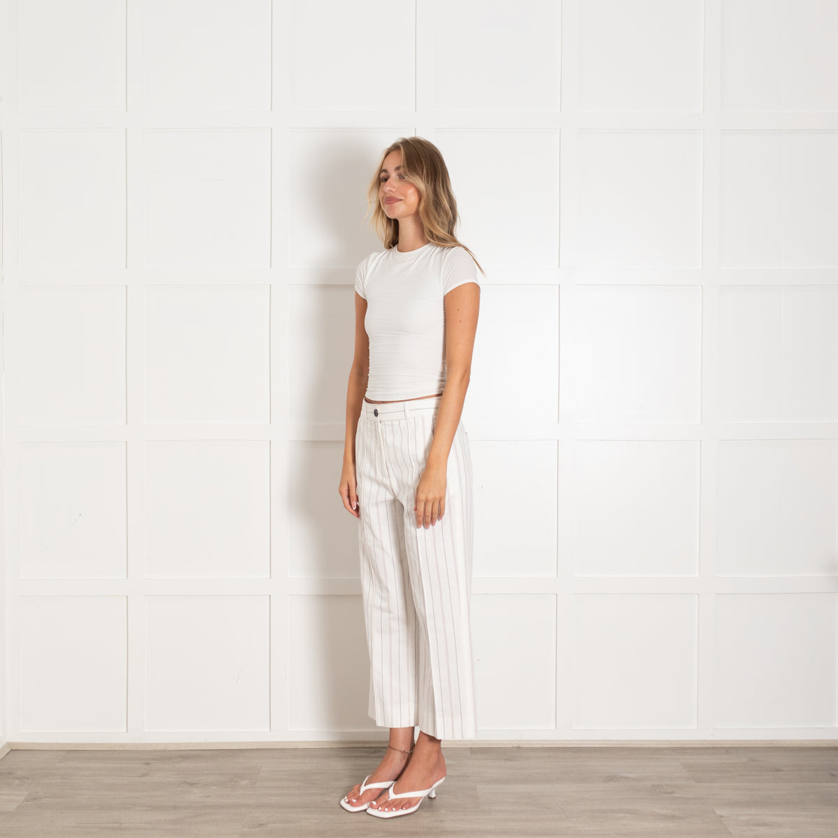 Me + Em White Brown Pinstripe Trousers
