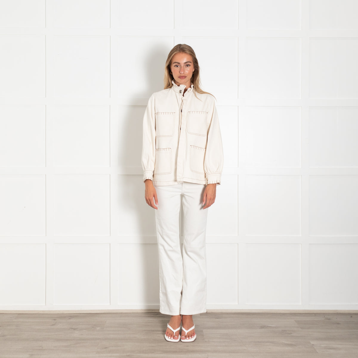 Seventy + Mochi Cream Denim Jacket With Brown Stitching And Frill Collar