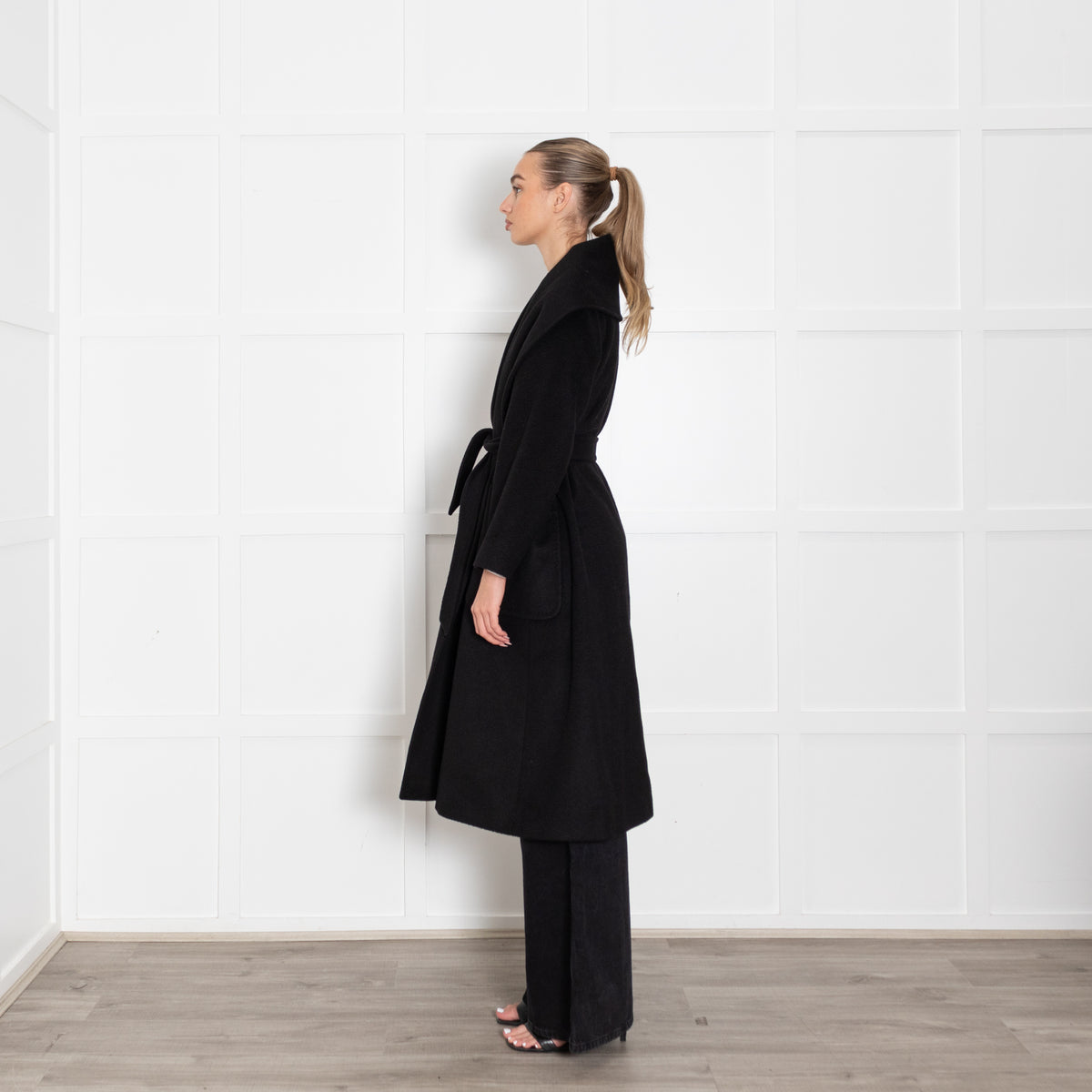 Max Mara Black Camel Wool Robe Coat