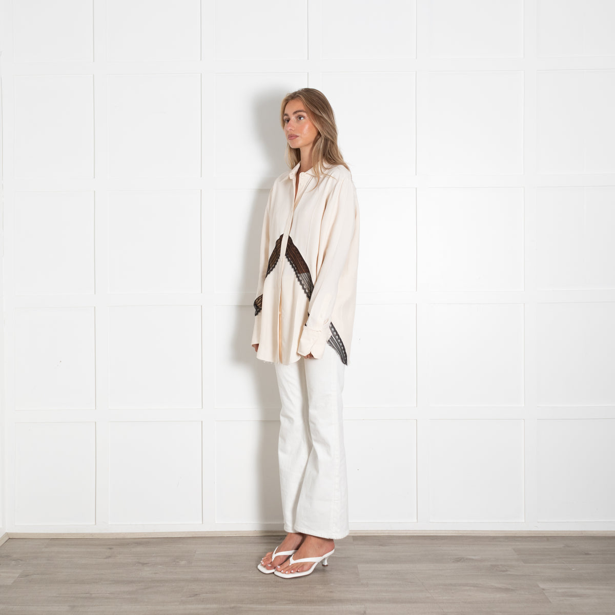 Helmut Lang Cream Viscose Blouse With Black Lace Detail
