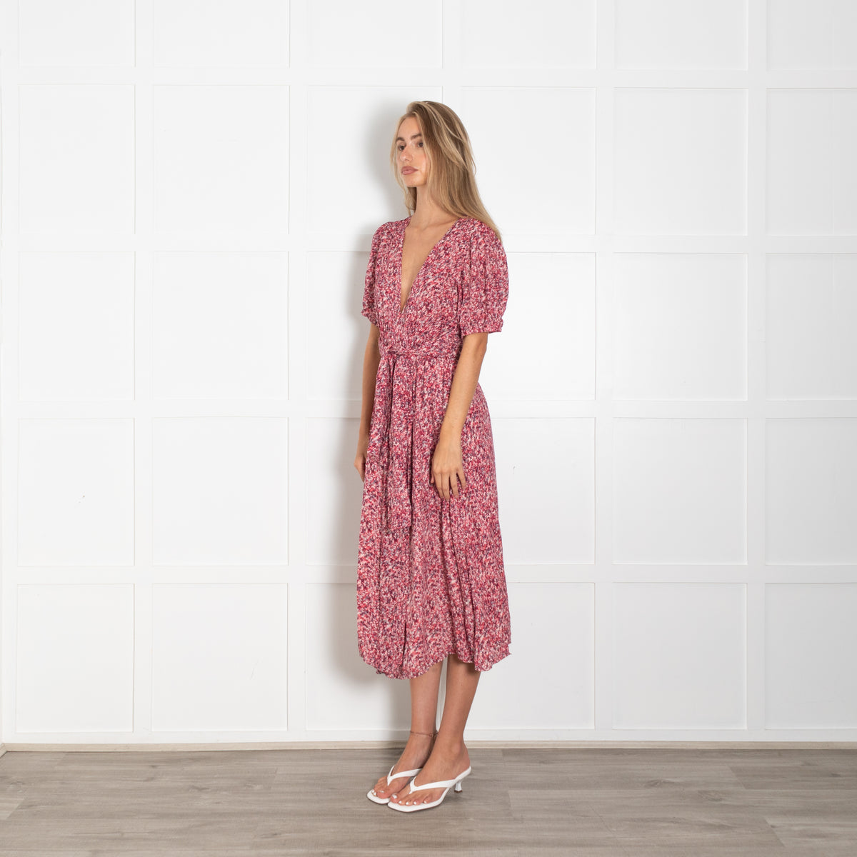 Ba&Sh Red Pink Ditzy Floral Print Wrap Dress