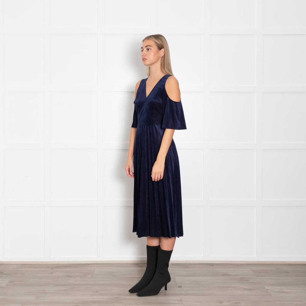 Maje Navy Shimmery Needle Cord Cut Out Shoulder Dress