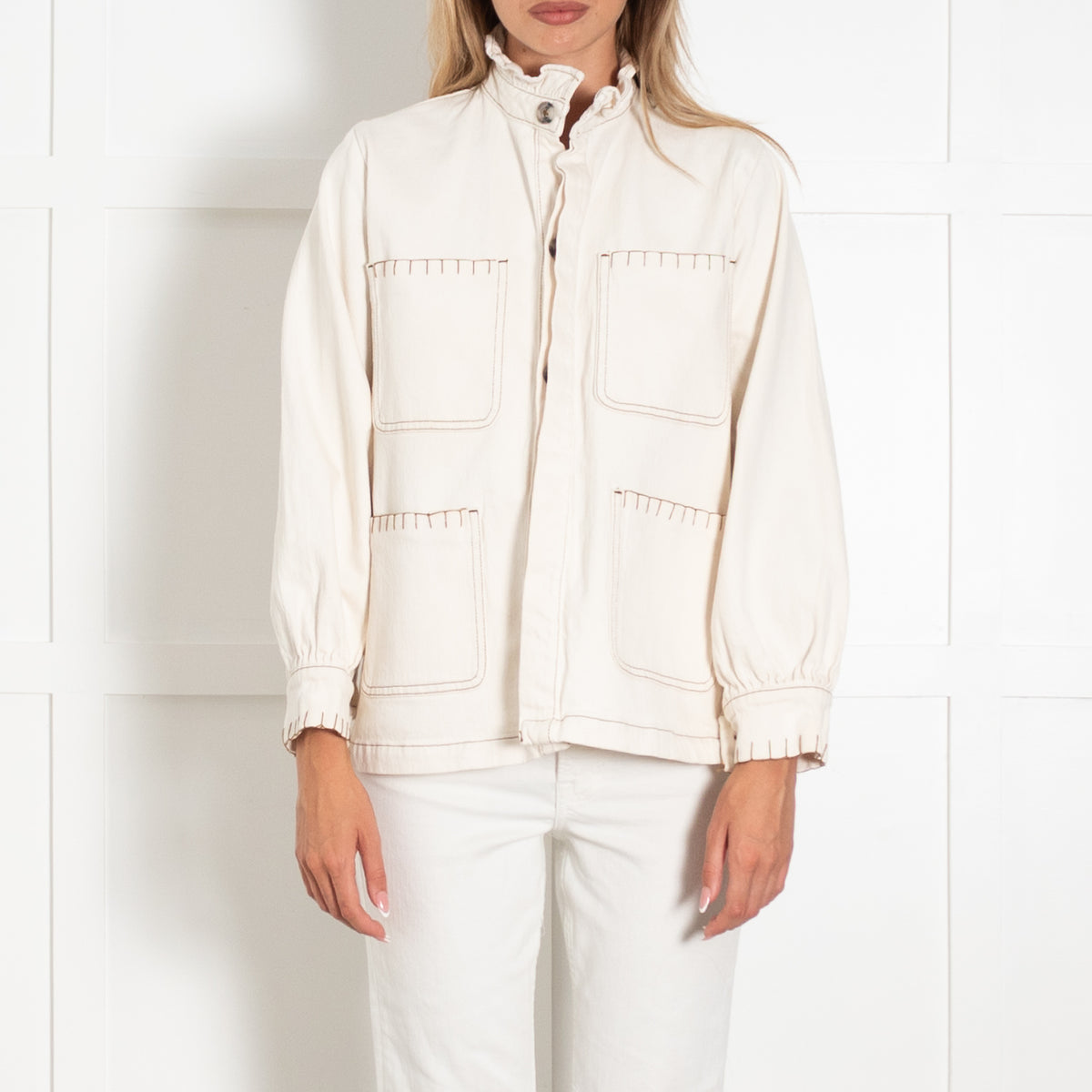 Seventy + Mochi Cream Denim Jacket With Brown Stitching And Frill Collar