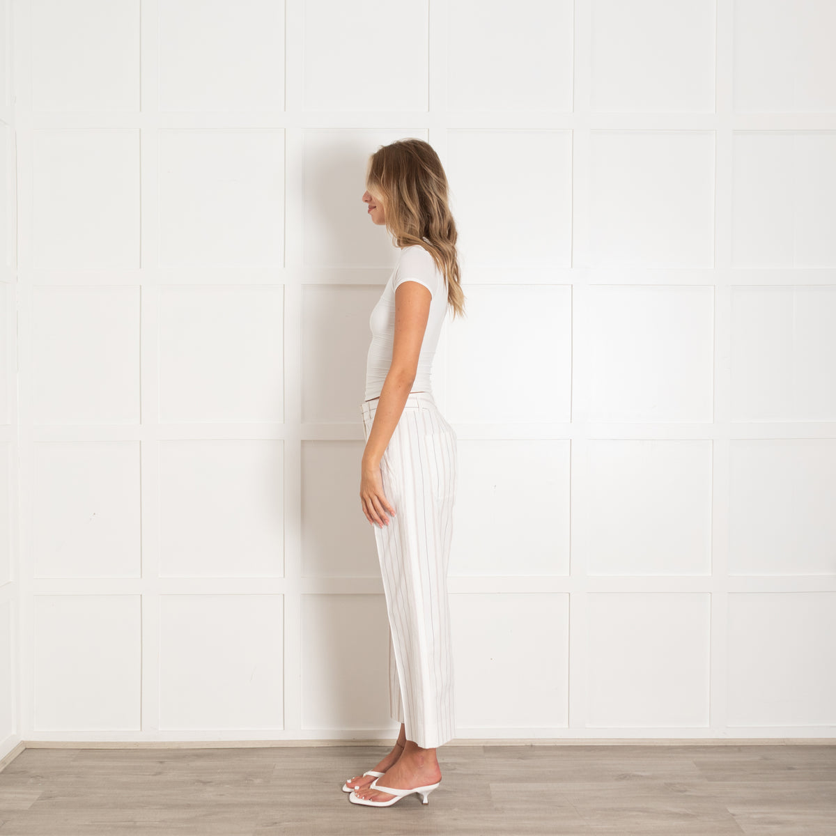 Me + Em White Brown Pinstripe Trousers
