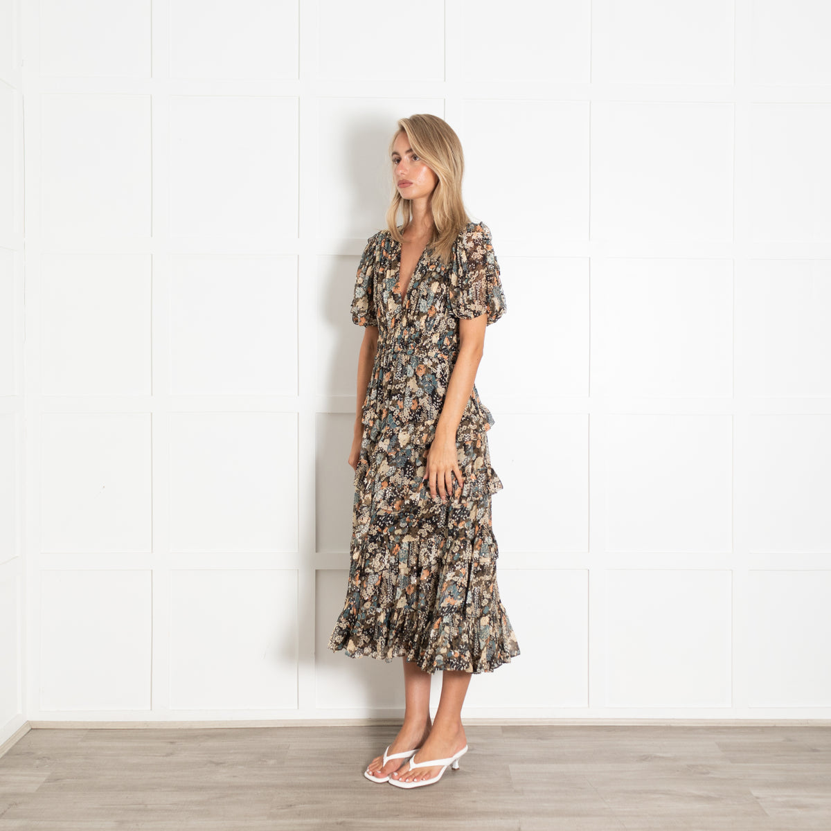 Ulla Johnson Black Beige Khaki Floral Gold Lurex Silk Blend Dress