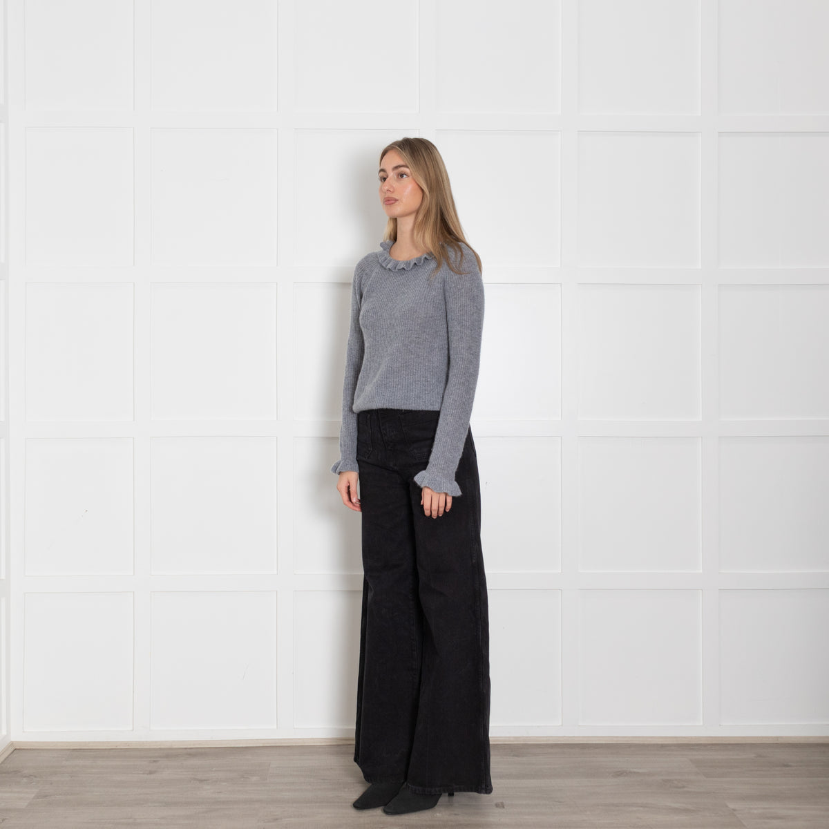 Wyse Grey Silver Lurex Cashmere Blend Frill Detail Jumper