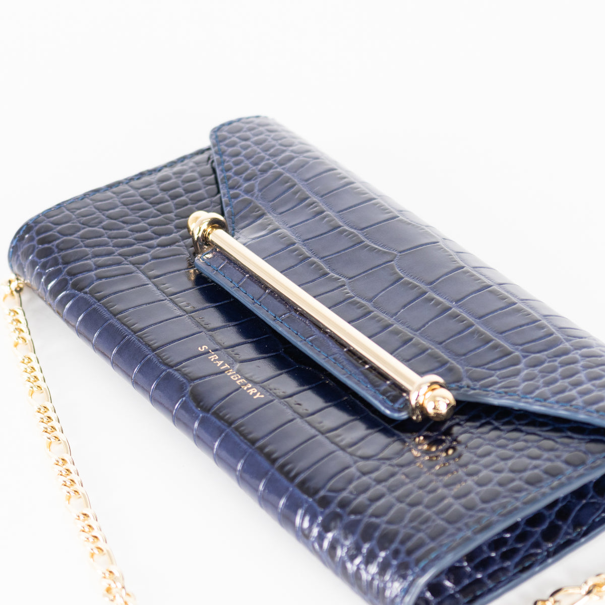 Strathberry Navy Blue Croc Multrees Crossbody Clutch