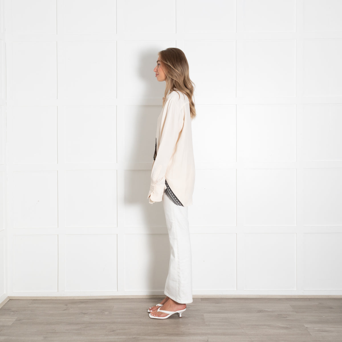 Helmut Lang Cream Viscose Blouse With Black Lace Detail