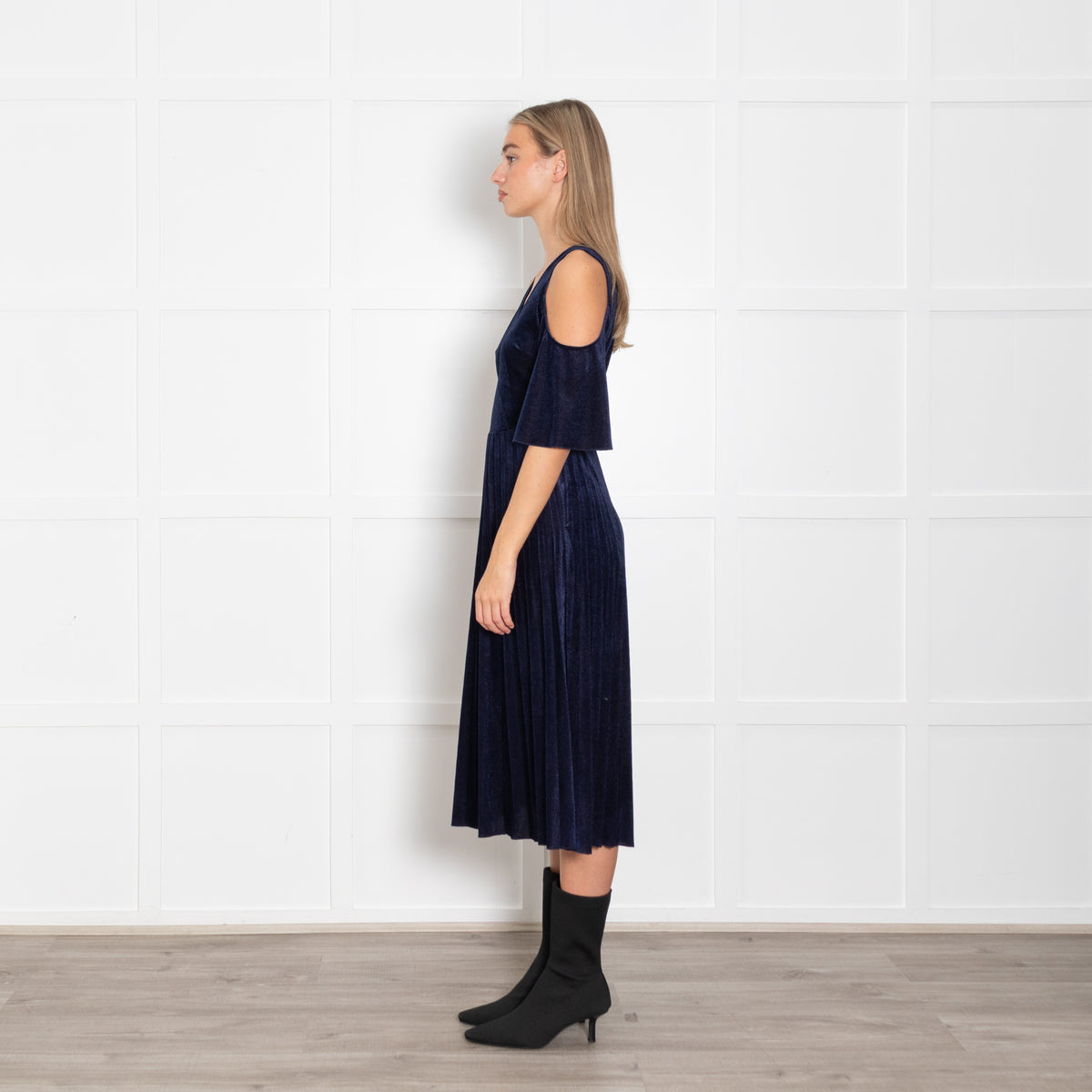 Maje Navy Shimmery Needle Cord Cut Out Shoulder Dress
