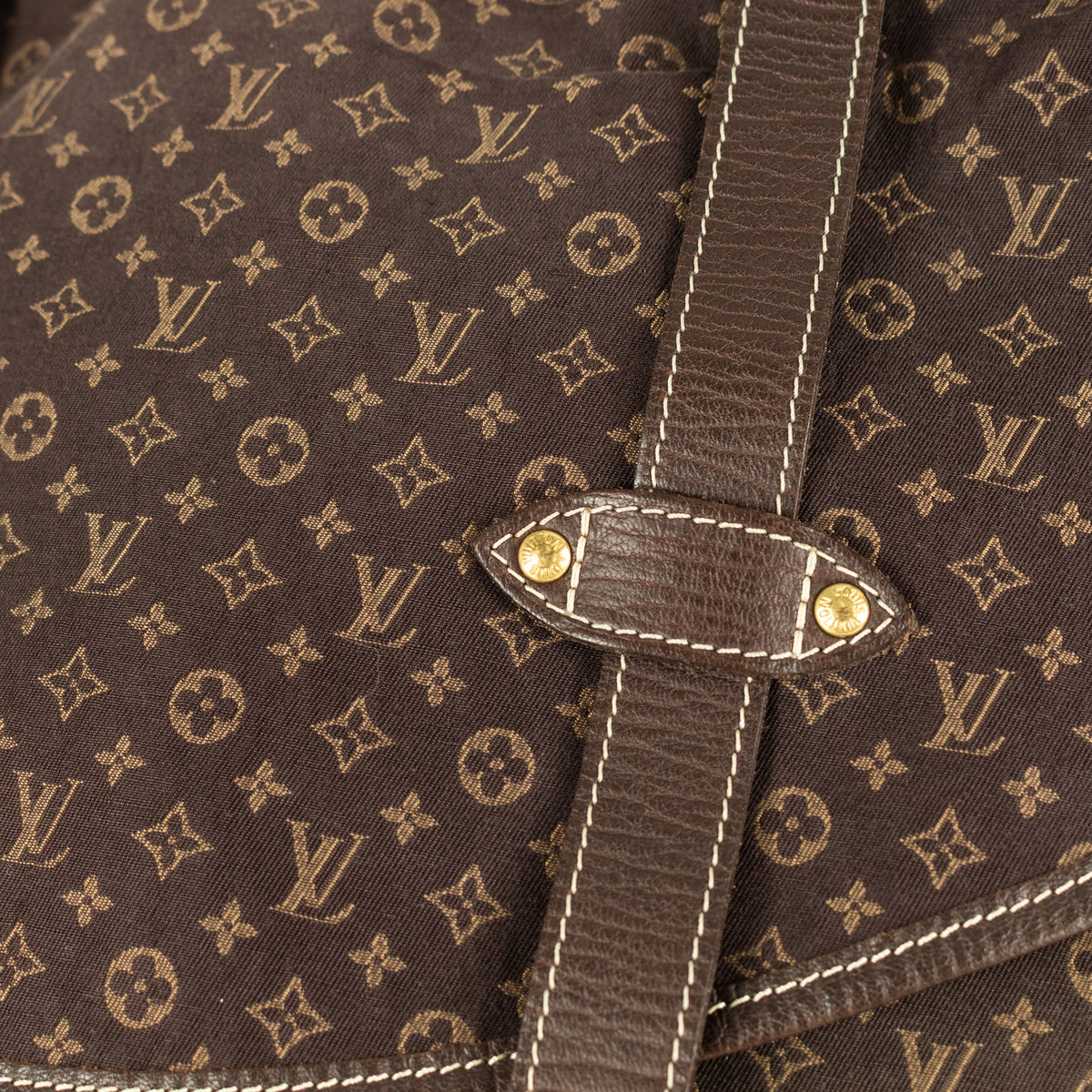 Close-up of a brown Louis Vuitton fabric monogram logo and leather strap on the bag.
