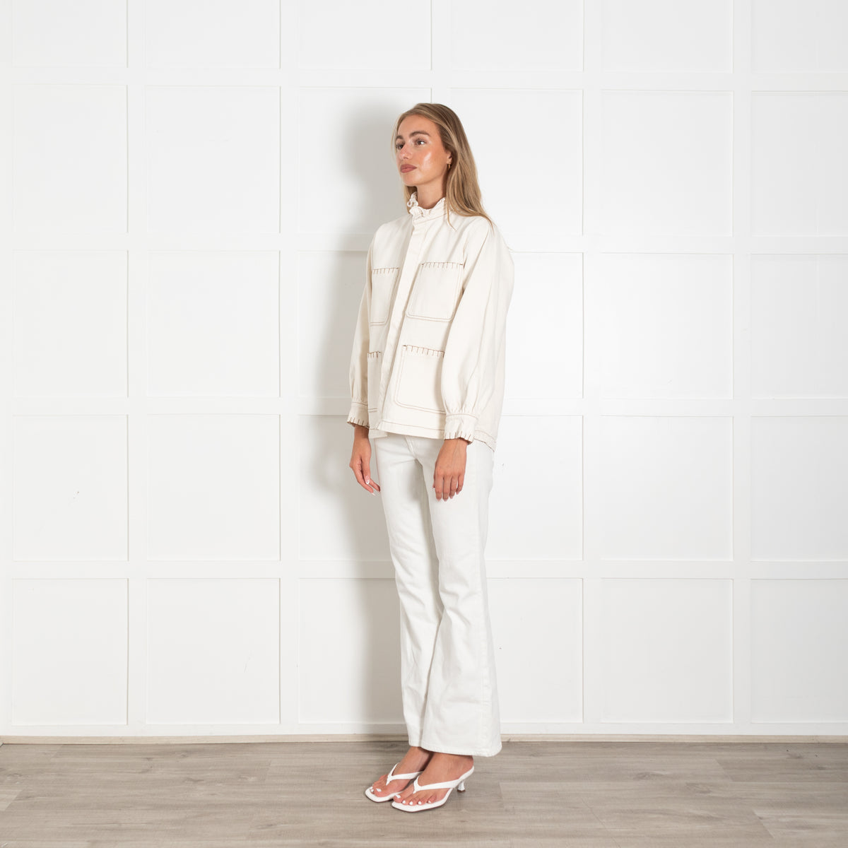 Seventy + Mochi Cream Denim Jacket With Brown Stitching And Frill Collar