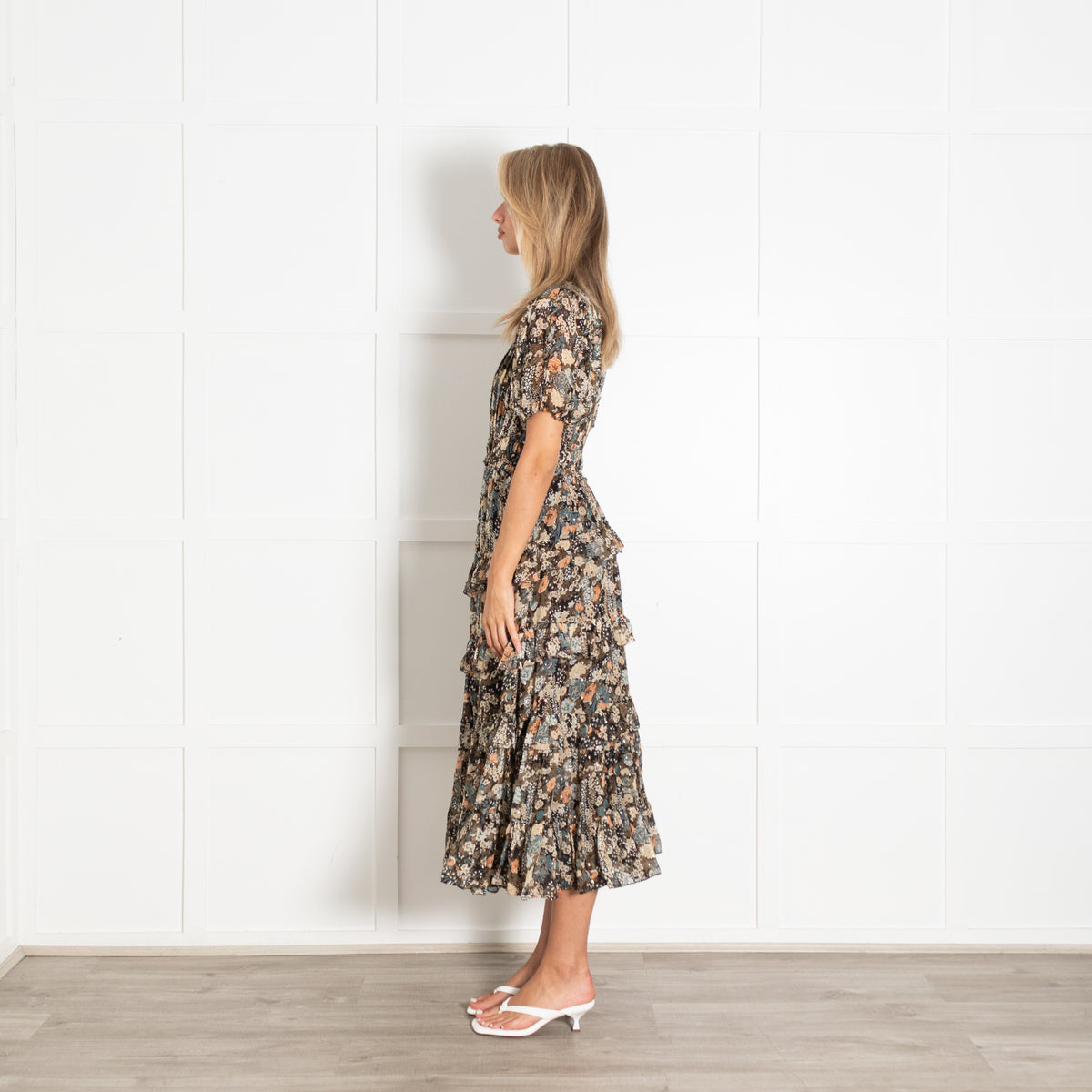 Ulla Johnson Black Beige Khaki Floral Gold Lurex Silk Blend Dress