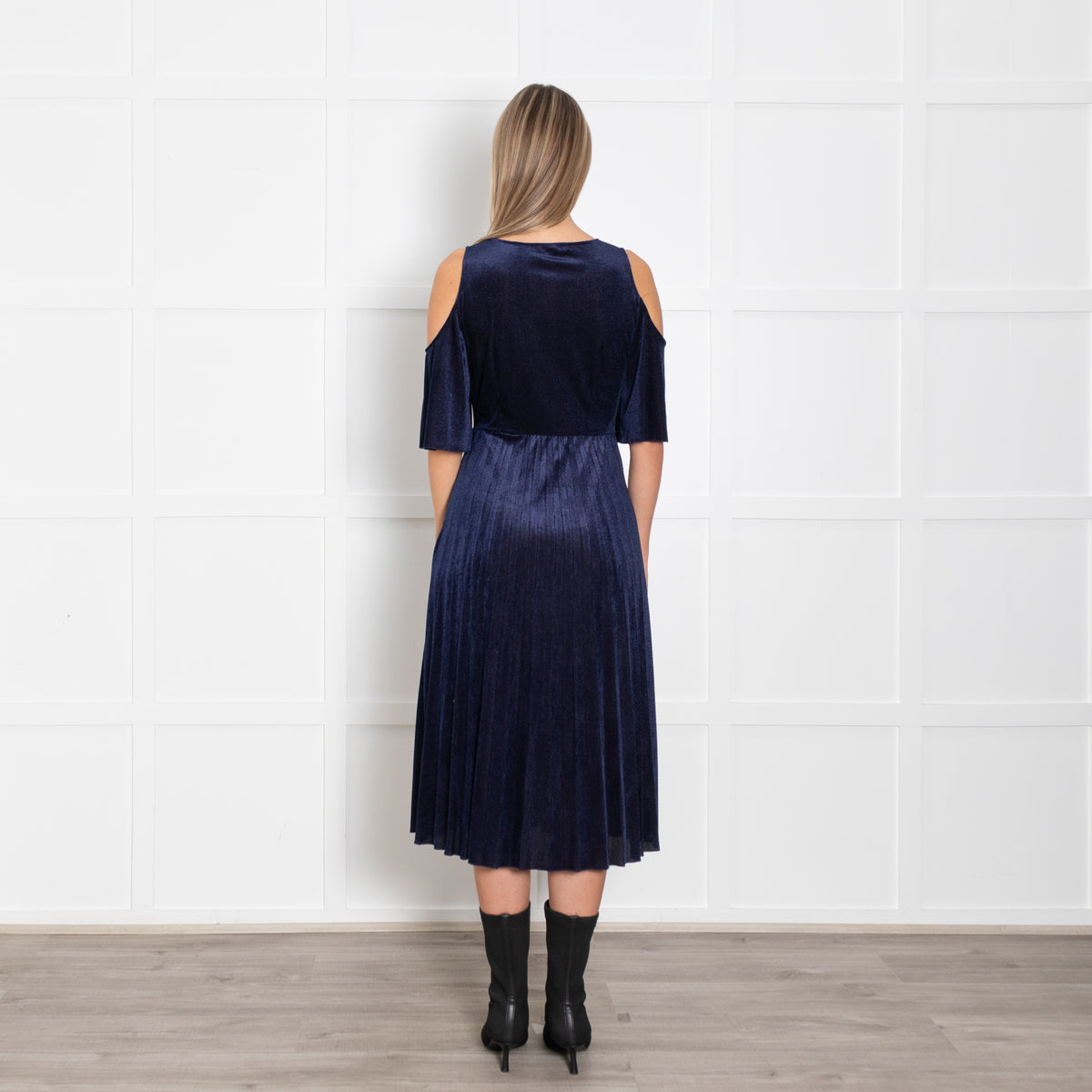 Maje Navy Shimmery Needle Cord Cut Out Shoulder Dress