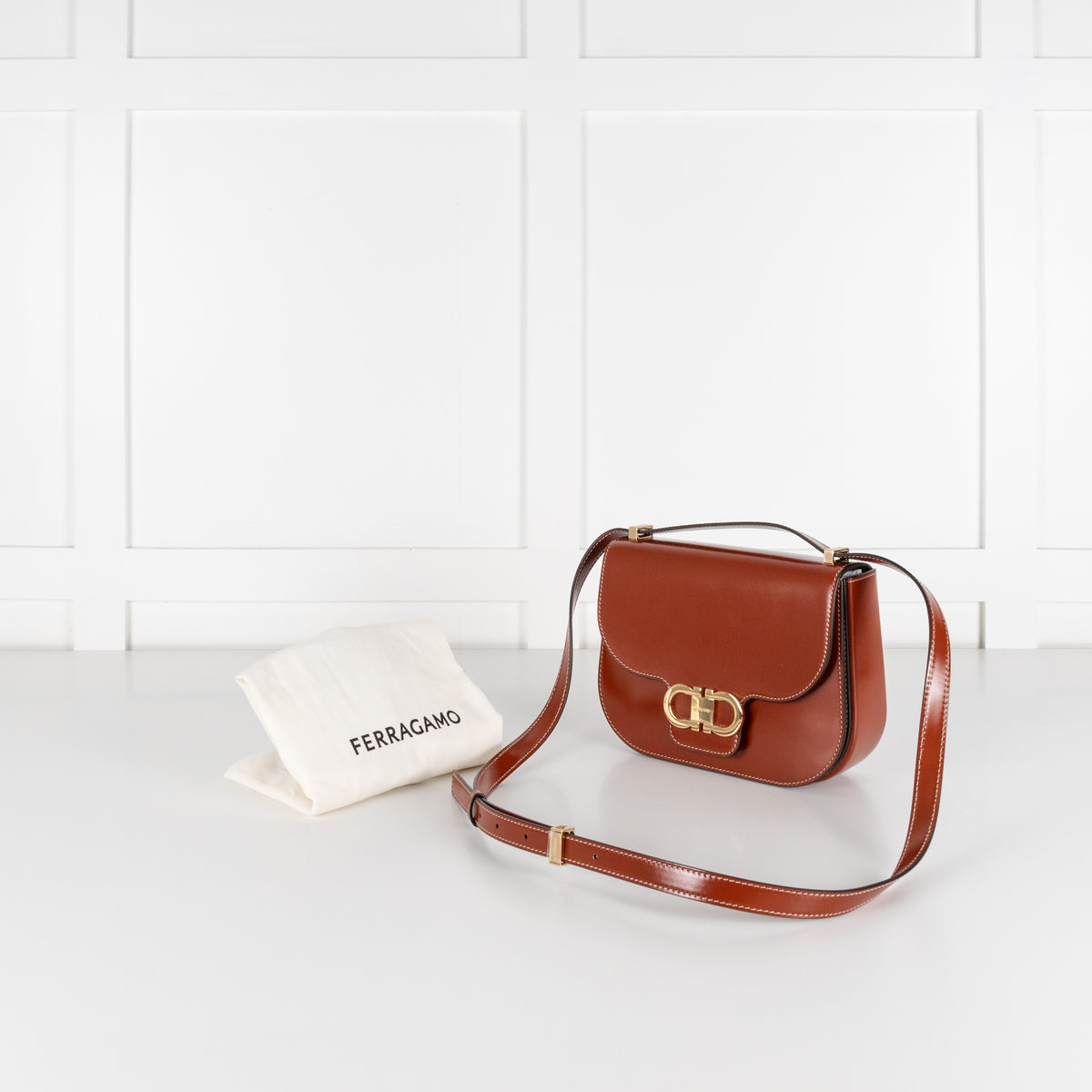 Salvatore Ferragamo Dark Cognac Double Gancini North-South Crossbody Bag