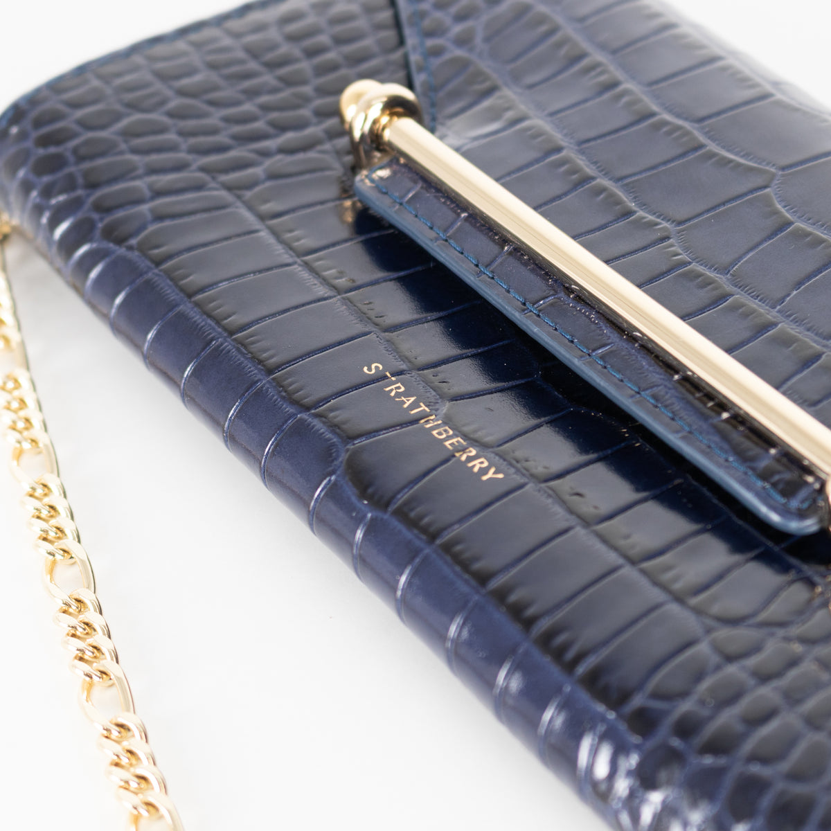 Strathberry Navy Blue Croc Multrees Crossbody Clutch