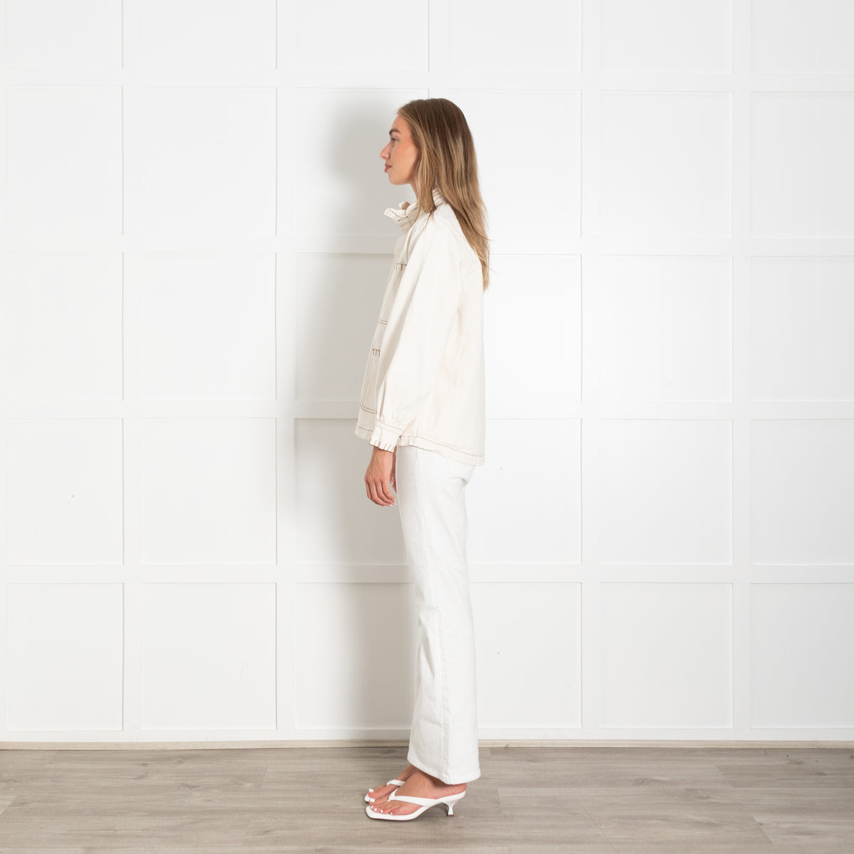 Seventy + Mochi Cream Denim Jacket With Brown Stitching And Frill Collar
