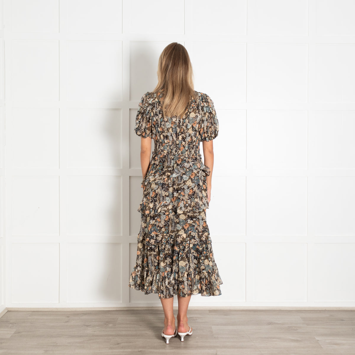 Ulla Johnson Black Beige Khaki Floral Gold Lurex Silk Blend Dress