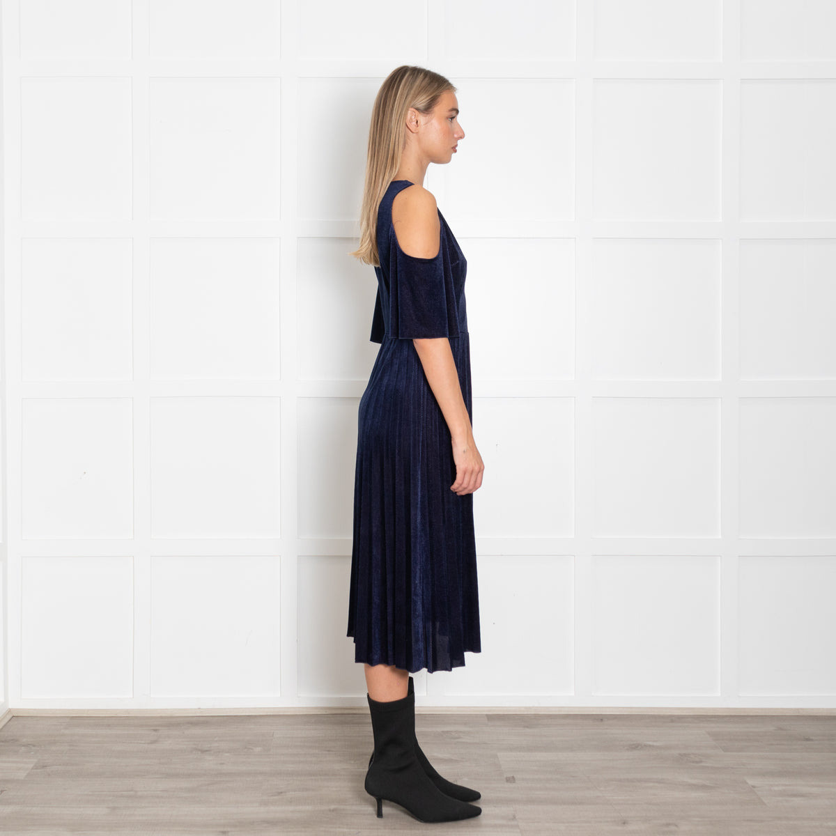 Maje Navy Shimmery Needle Cord Cut Out Shoulder Dress