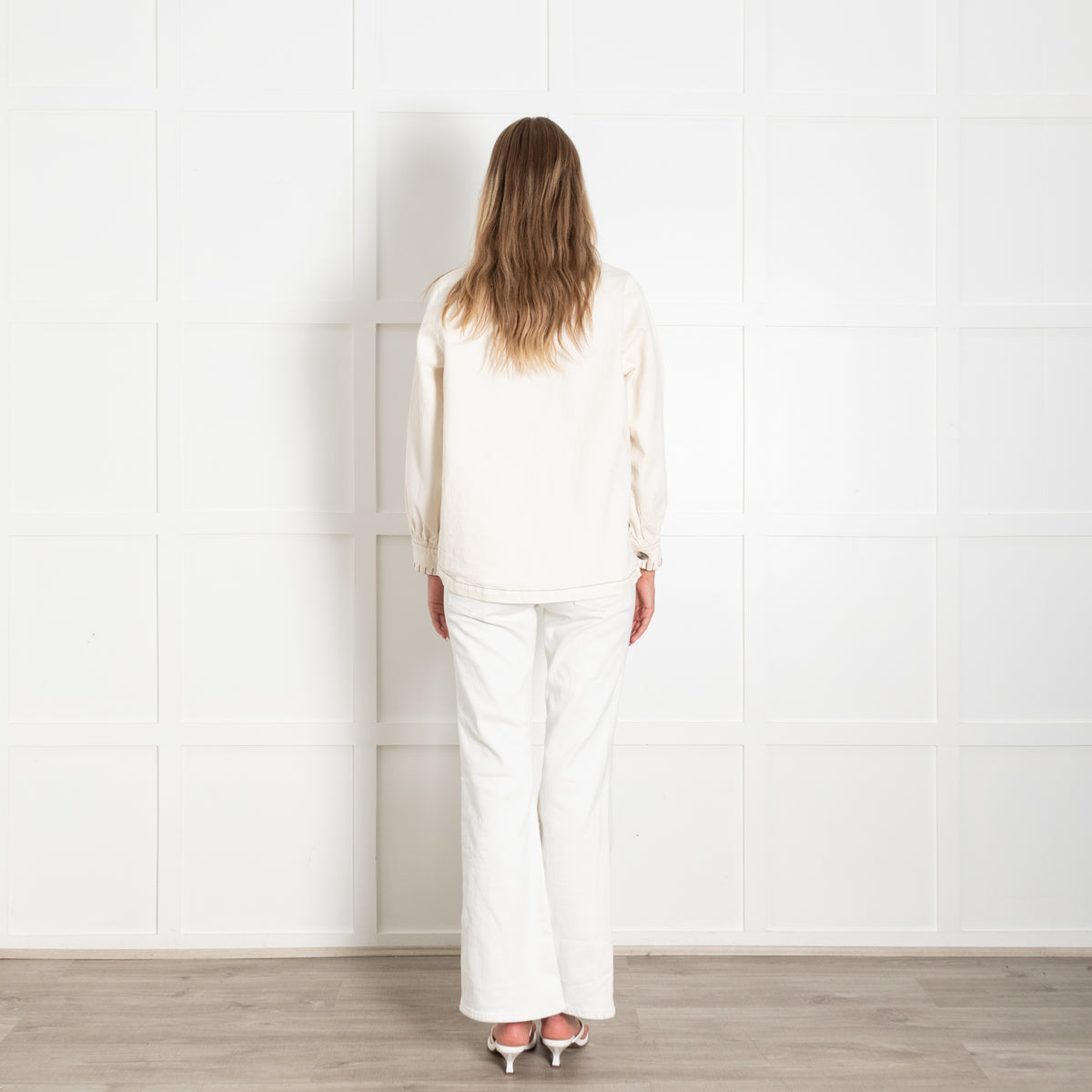Seventy + Mochi Cream Denim Jacket With Brown Stitching And Frill Collar