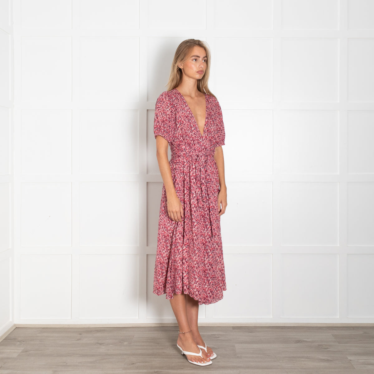 Ba&Sh Red Pink Ditzy Floral Print Wrap Dress