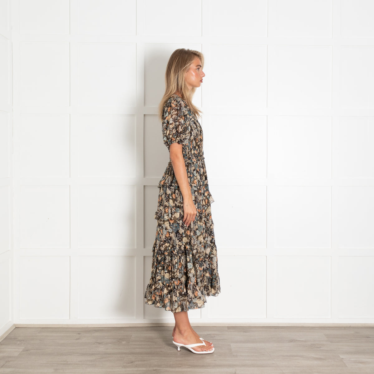 Ulla Johnson Black Beige Khaki Floral Gold Lurex Silk Blend Dress