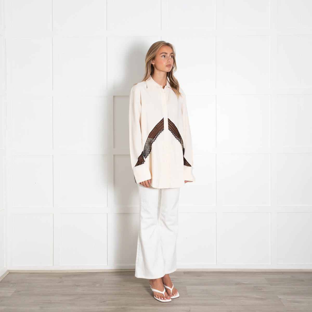 Helmut Lang Cream Viscose Blouse With Black Lace Detail